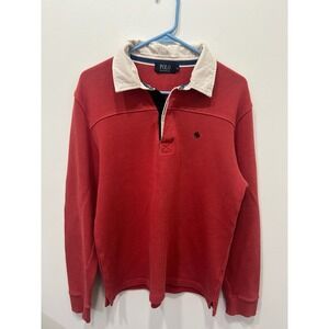 Vintage Polo British Country Spirit Mens Red Rugby Shirt Corduroy Collar Size LL